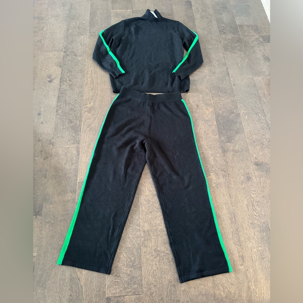 Navy Knit Loungewear 2 Piece Set with Green Stripes